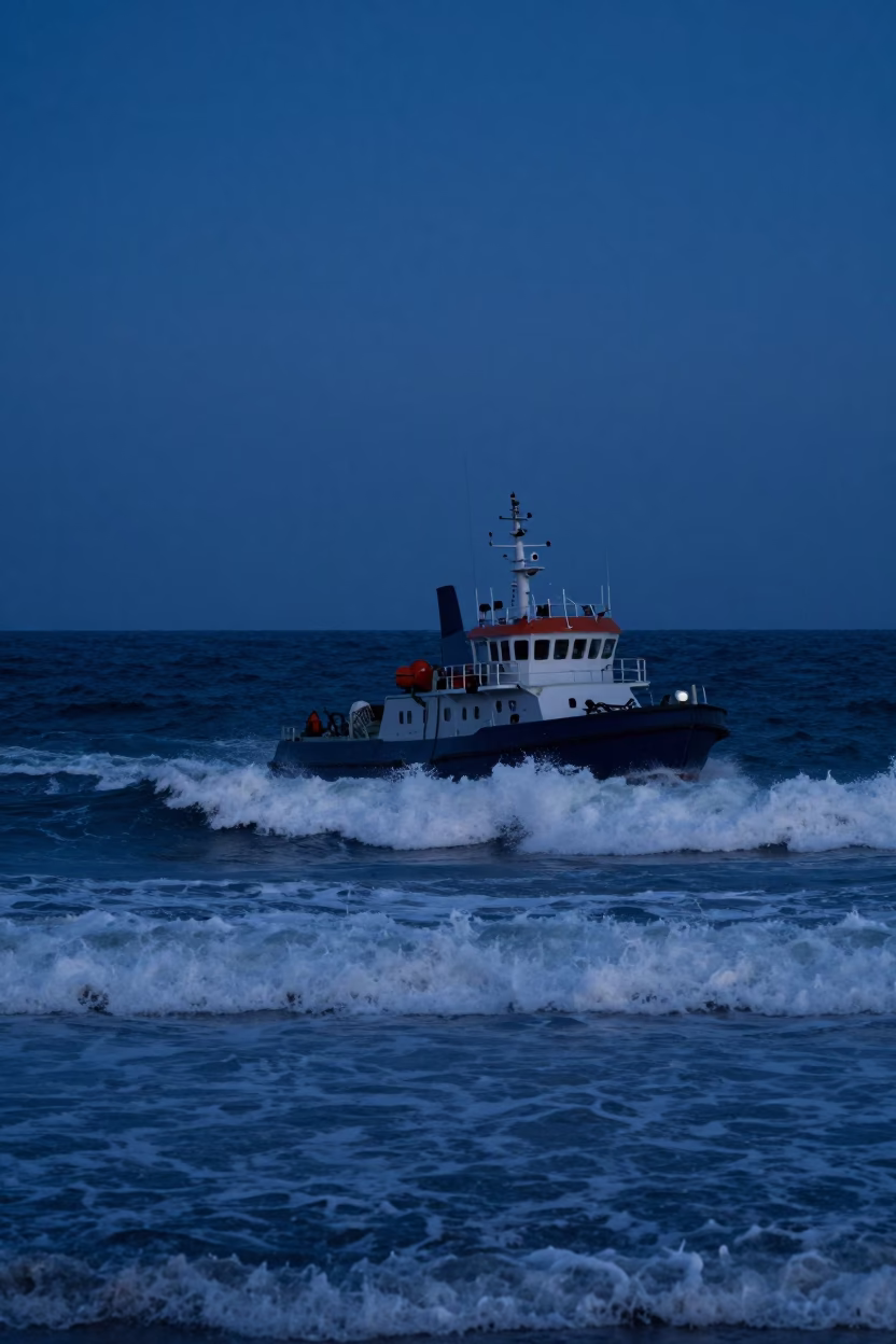 Predawn Durban Coastline with Pilot Boat Navigating Heavy Swells in South Africa in in Durban, South Africa