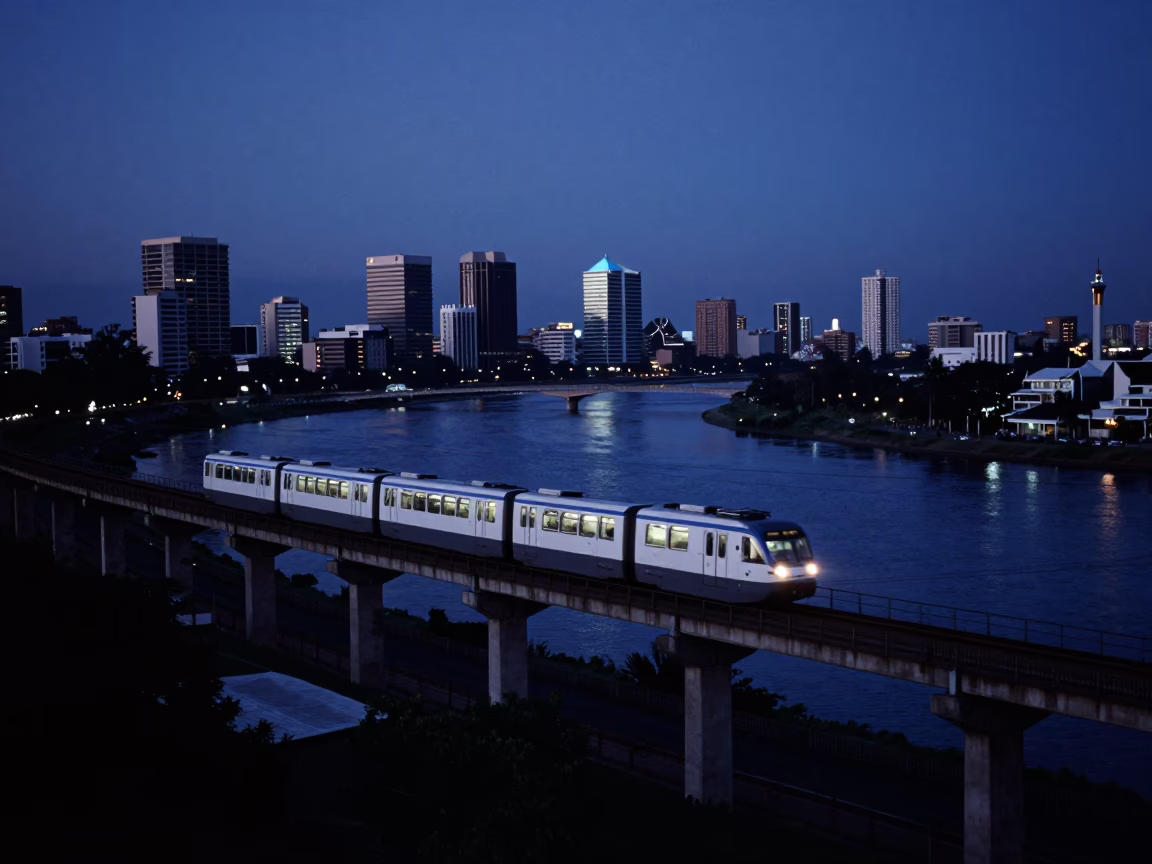 Predawn Durban South Africa Monorail Sweeping Over River and Coastal Urban Landscape in in Durban, South Africa