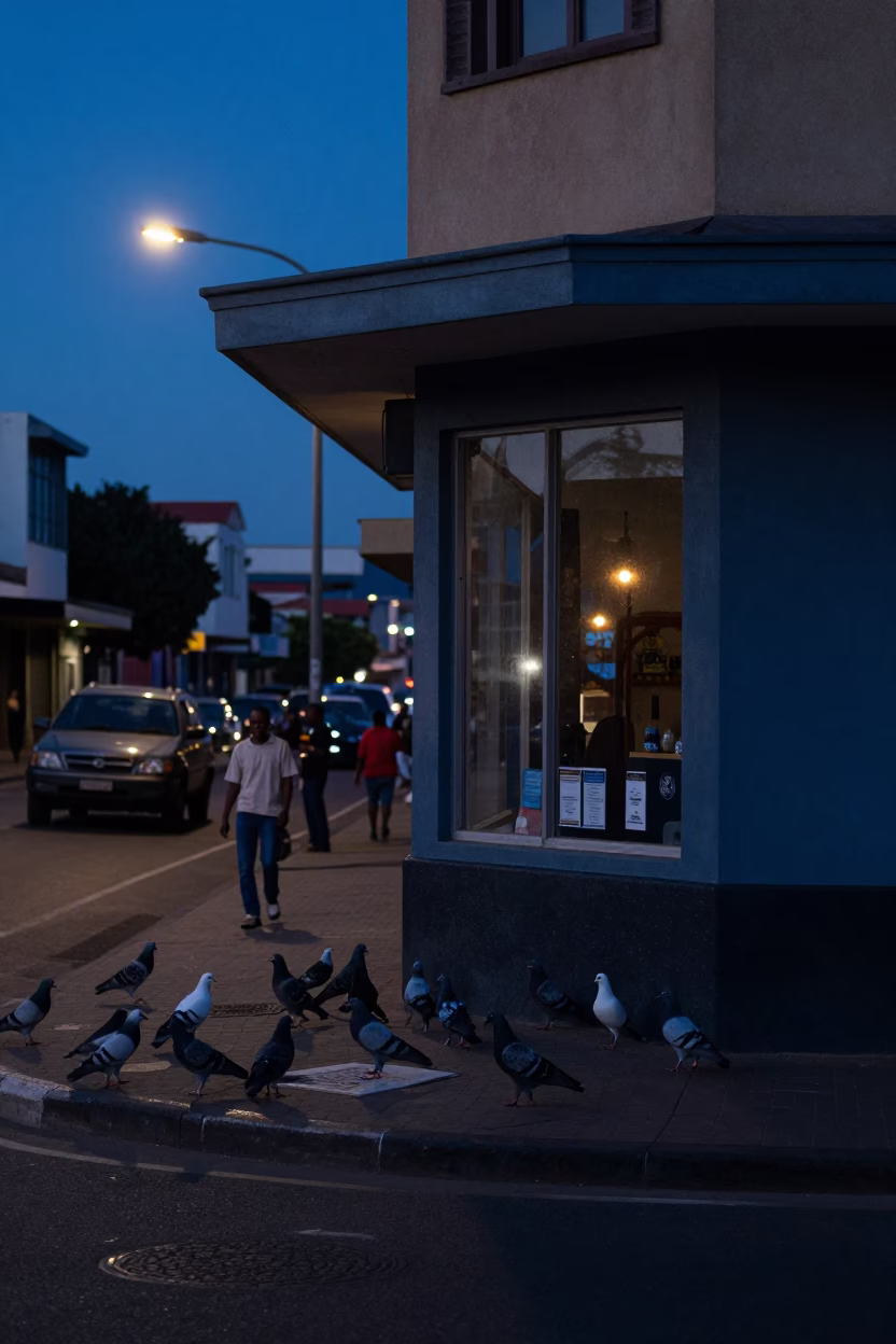 Predawn Durban Street Corner with Pigeons and Shop Window Reflections in in Durban, South Africa