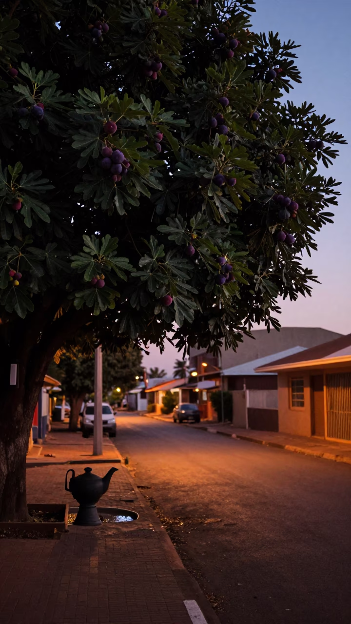 Predawn Durban Street Scene with Fig Tree and Watering Can in in Durban, South Africa