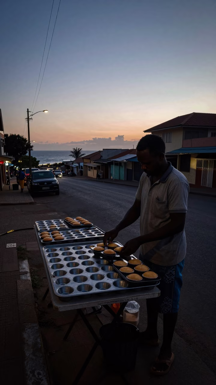 Predawn Durban Street Scene with Local Vendor and Muffin Tins in in Durban, South Africa