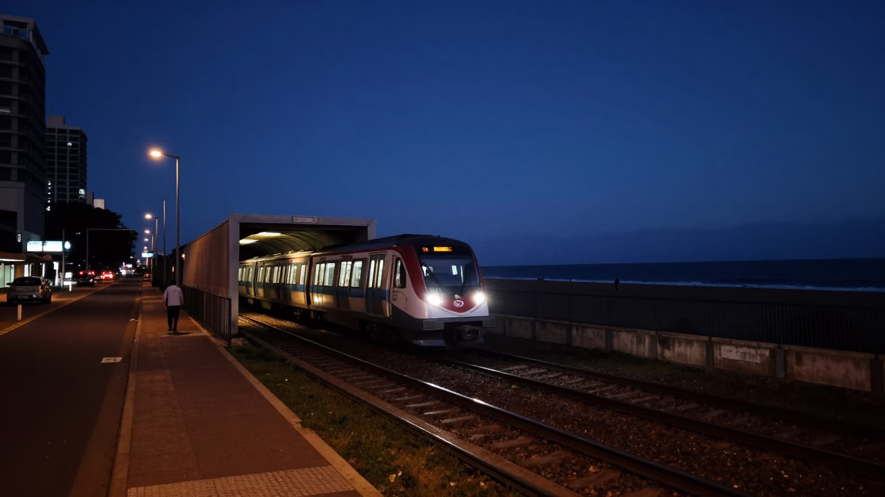 Predawn Durban Street Scene with Metro Train Emerging from Tunnel in in Durban, South Africa