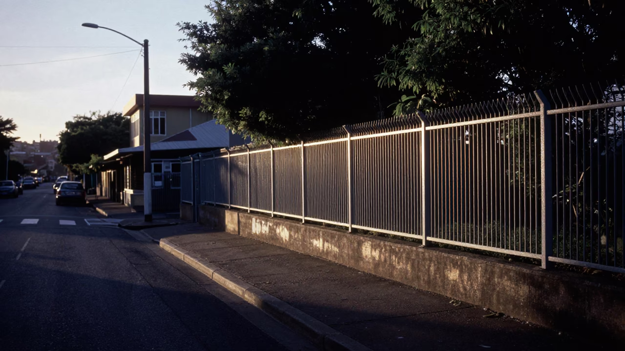 Predawn Durban Street Scene with Substation Fence and Dew in South Africa in in Durban, South Africa