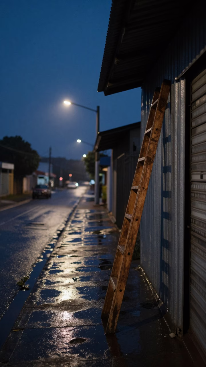 Predawn Durban Street Scene with Wooden Ladder and Wet Pavement in South Africa in in Durban, South Africa