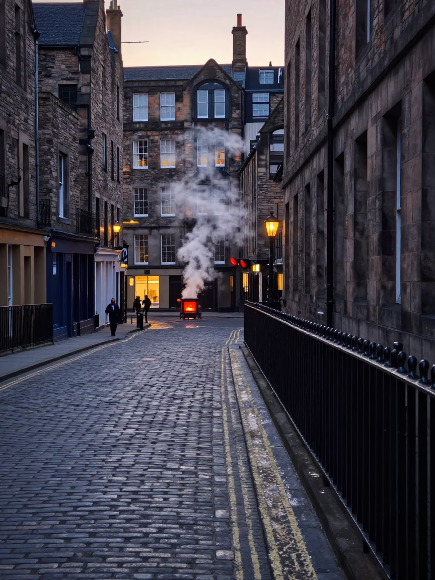 Predawn Edinburgh Street Scene with Cast Iron Railings and Wet Pavement Reflections in in Edinburgh, United Kingdom