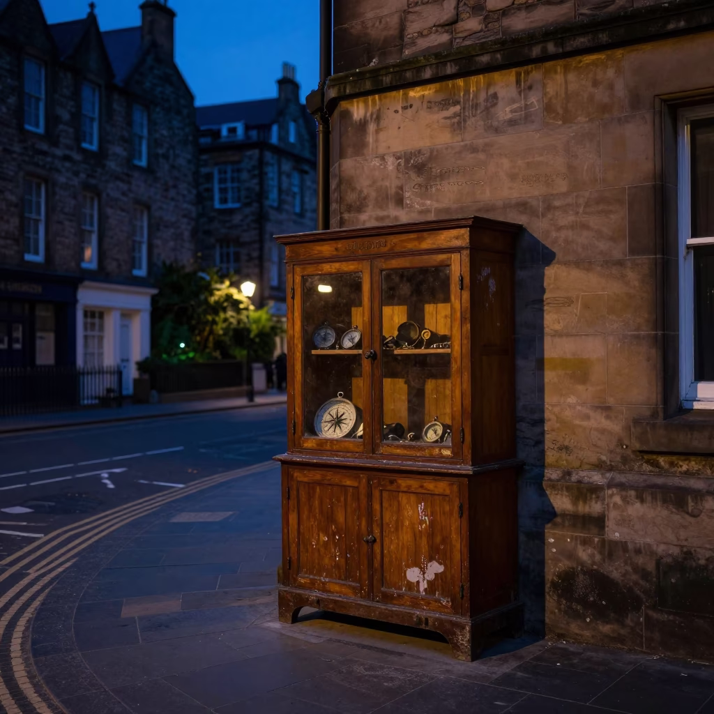 Predawn Edinburgh Street Scene with Classroom Cabinet and Garden Shears in in Edinburgh, United Kingdom