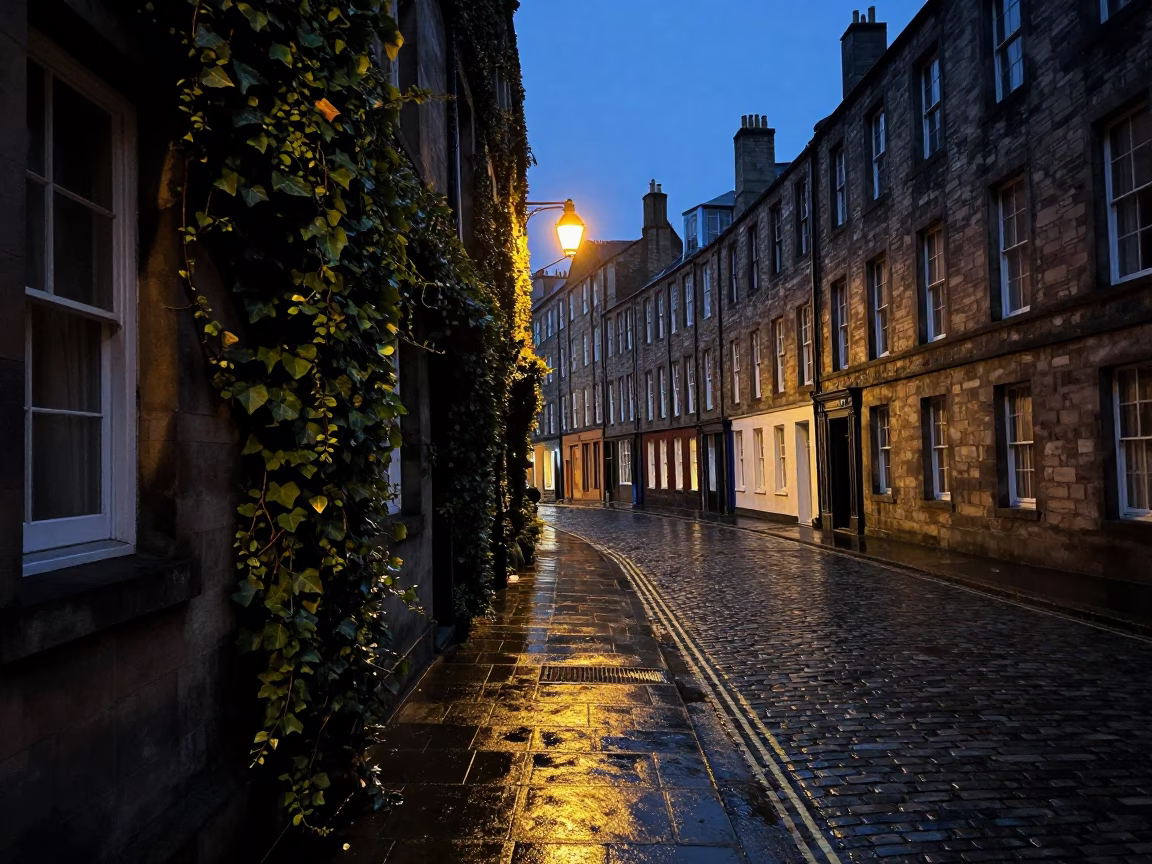 Predawn Edinburgh street scene with ivy and wet pavement reflections in in Edinburgh, United Kingdom