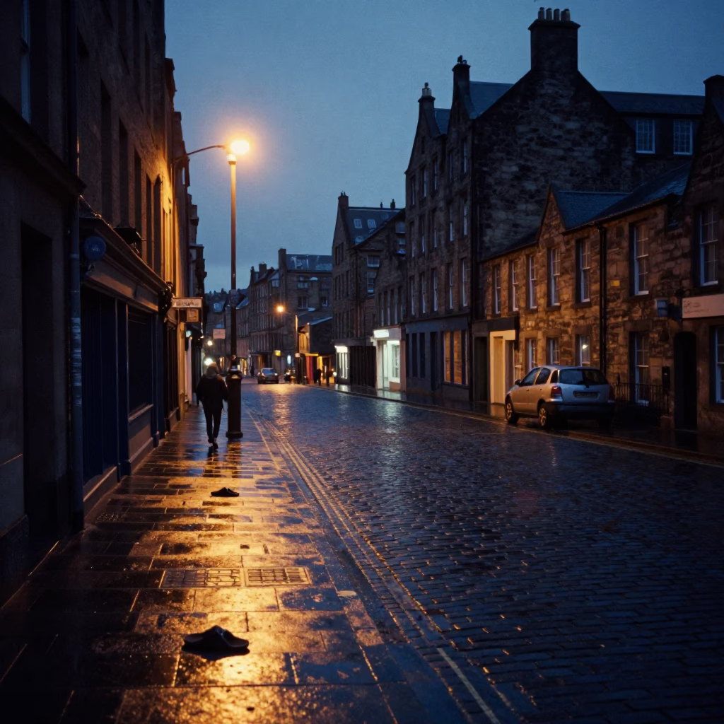 Predawn Edinburgh Street Scene with Slippers and Urban Infrastructure in in Edinburgh, United Kingdom