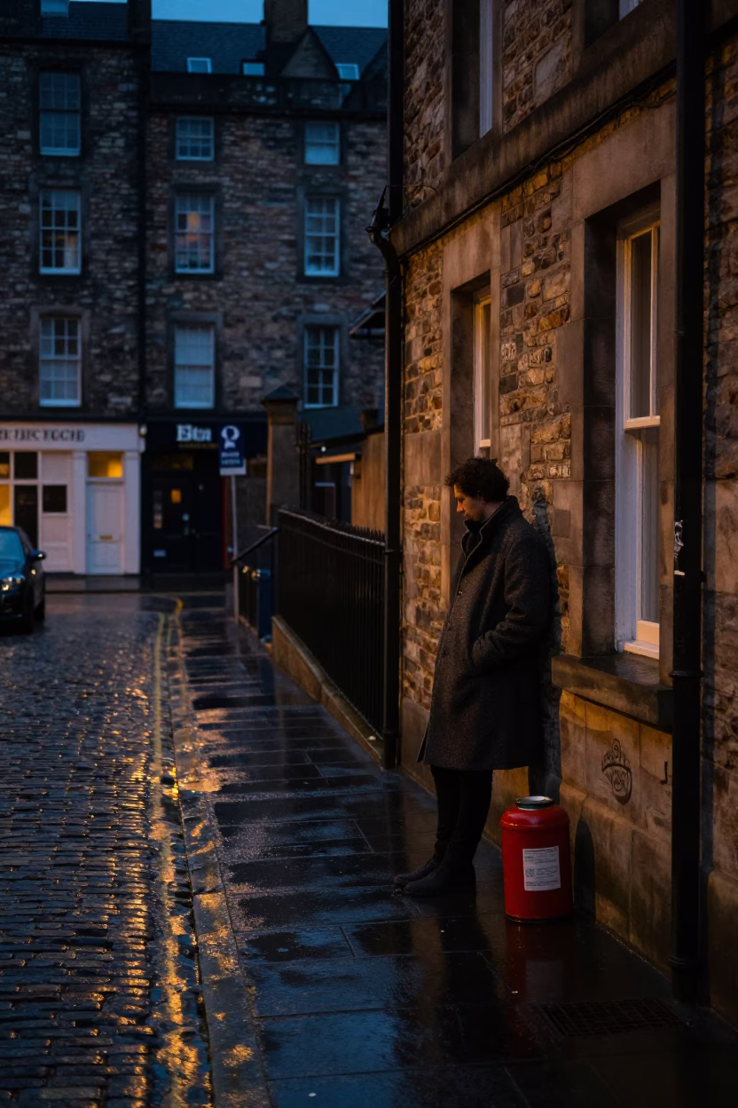 Predawn Edinburgh Street Scene with Vintage Canister Set and Scratched Bowl in in Edinburgh, United Kingdom