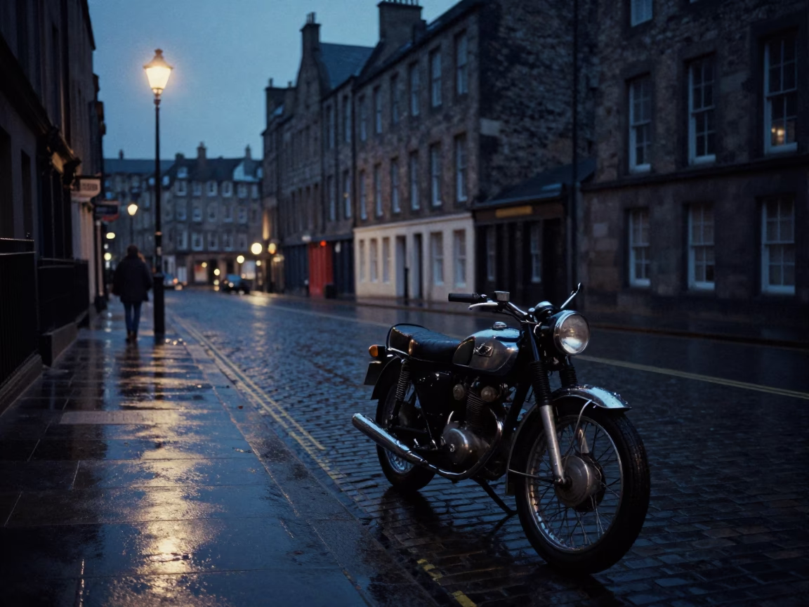 Predawn Edinburgh Street Scene with Vintage Motorcycle and Wet Cobblestones in in Edinburgh, United Kingdom