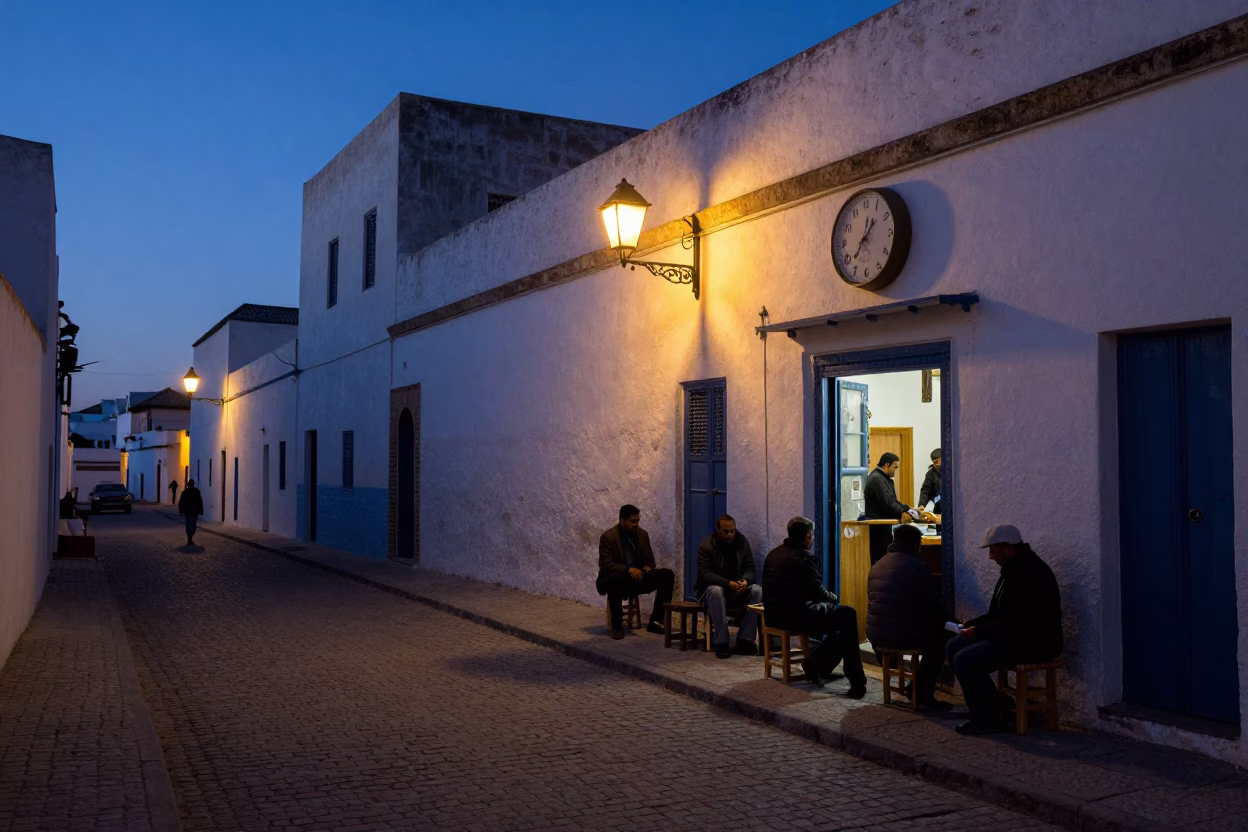 Predawn Essaouira Street Scene with Chess Clock and Local Interaction in in Essaouira, Morocco