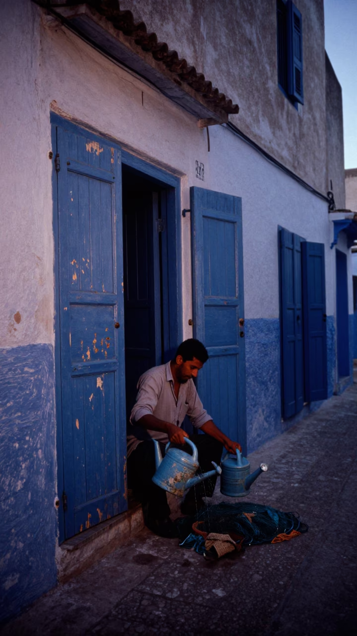 Predawn Essaouira Street Scene with Scuffed Painted Wood Shutters and Watering Cans in in Essaouira, Morocco