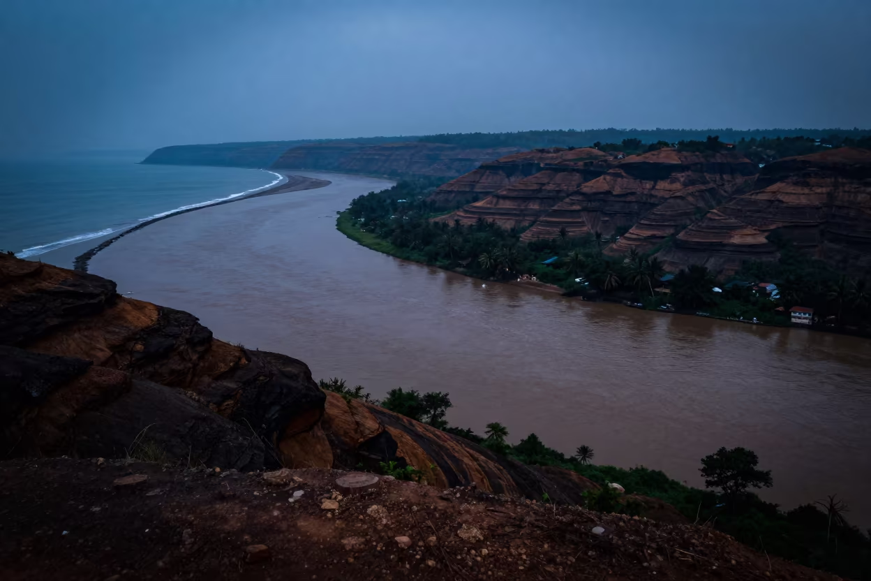 Predawn Estuary Where Brown River Meets Blue Ocean in from a ridge above layered foothills in Goa