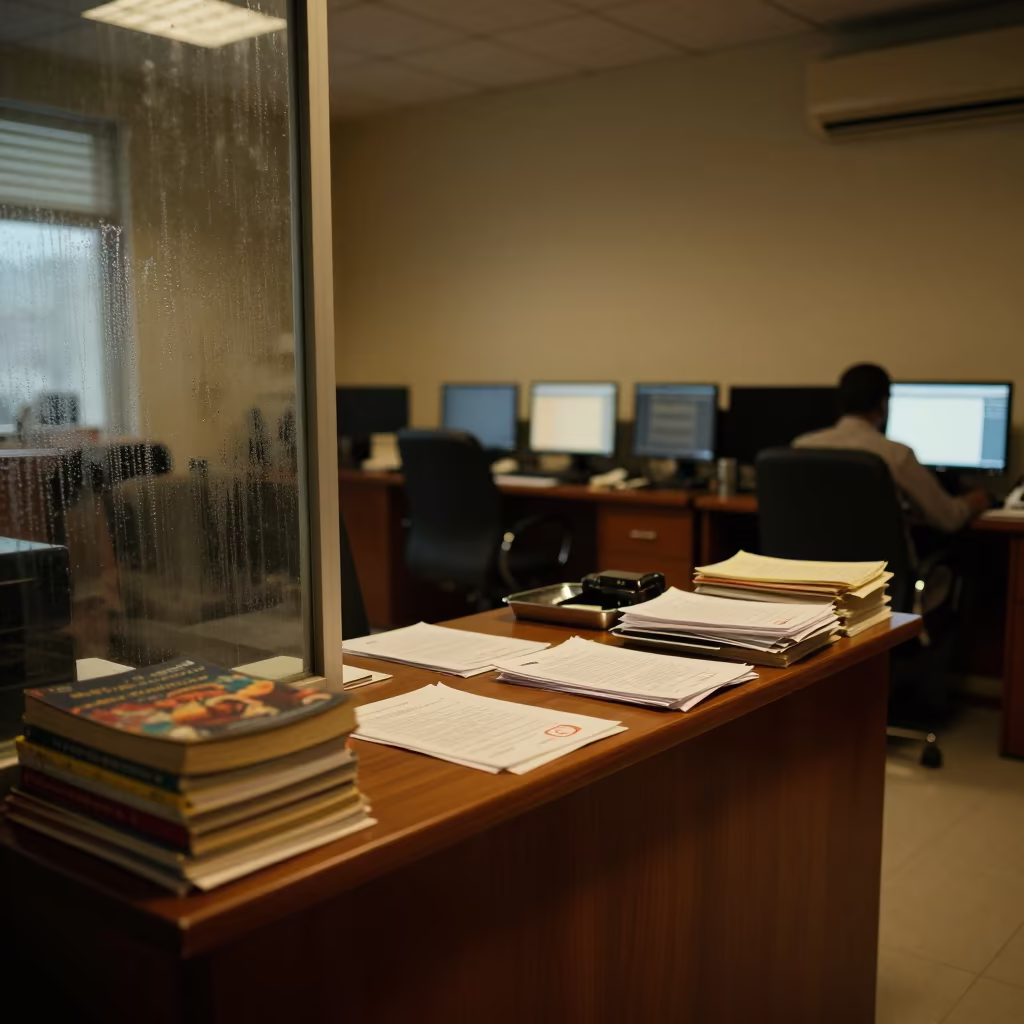 Predawn Executive Office in Mogadishu Operations Center in in an operations center under monitor glow in Mogadishu