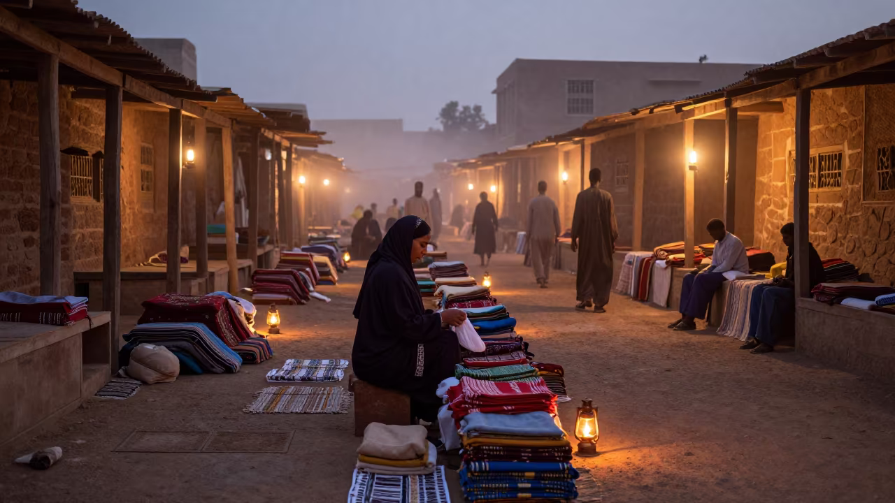 Predawn Fabric Haggling in West African Market Lane in along a market lane in Jisr ash-Shughur