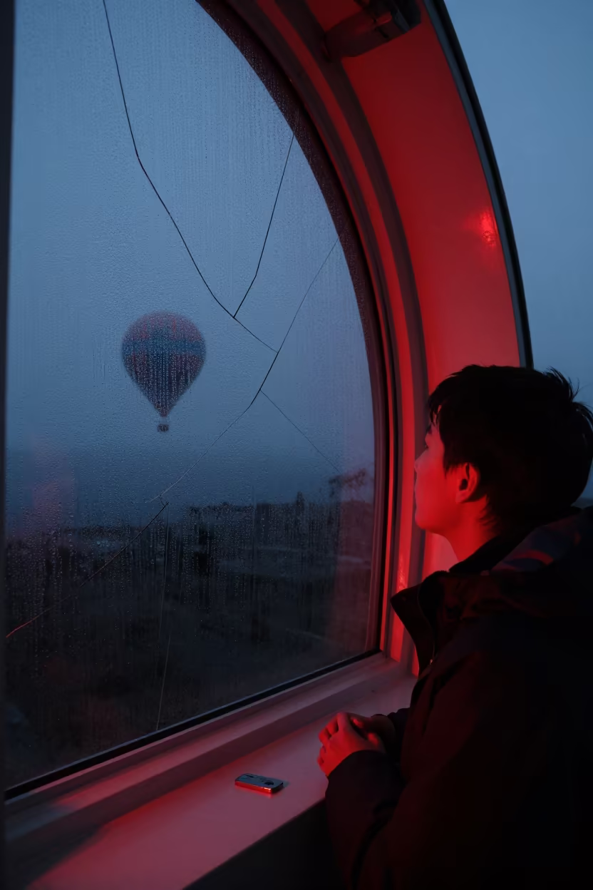 Predawn Face by Observatory Window Red Light in near a weather balloon launch site near Cap-Haïtien