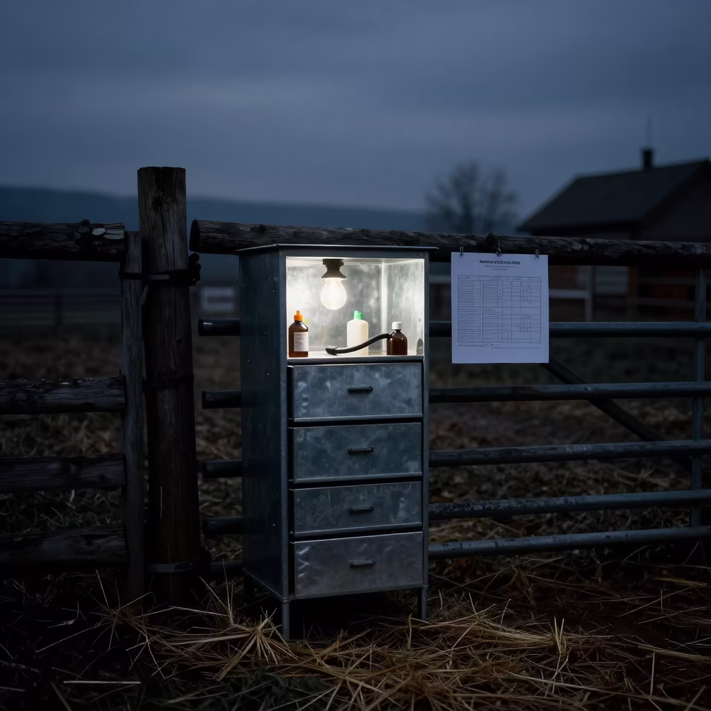 Predawn Farrowing Lamp Setup Transylvania in beside a pasture gate in Transylvania