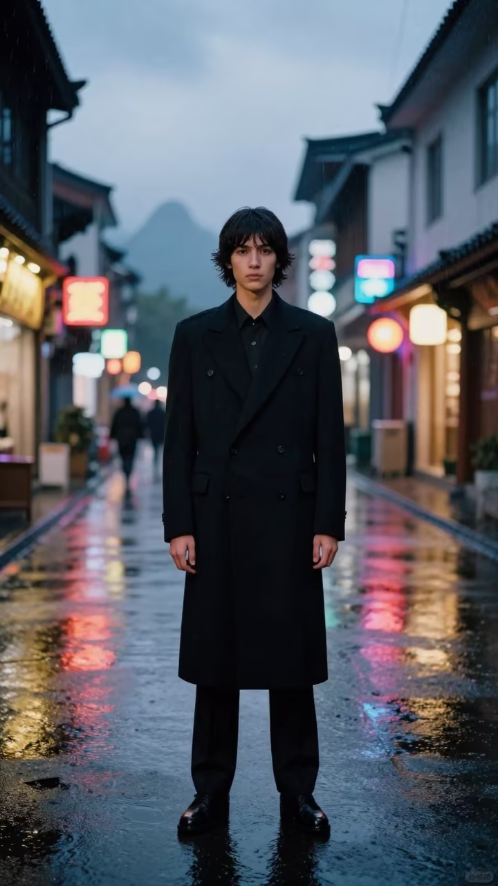 Predawn Fashion Portrait in Yangshuo Rain Alley in on a rain-darkened city sidewalk in Yangshuo