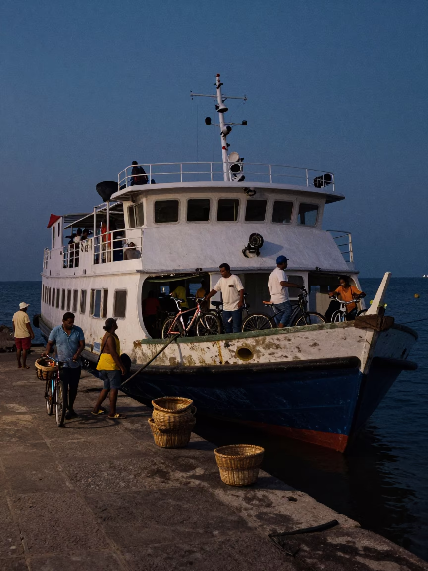 Predawn Ferry Loading Passengers and Bicycles at Cartagena Colombia Dock in in Cartagena, Colombia