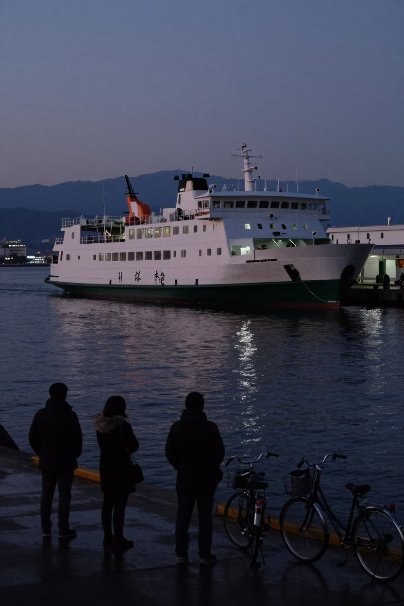 Predawn Ferry Loading Passengers and Bicycles at Hakata Port Fukuoka Japan in in Fukuoka, Japan