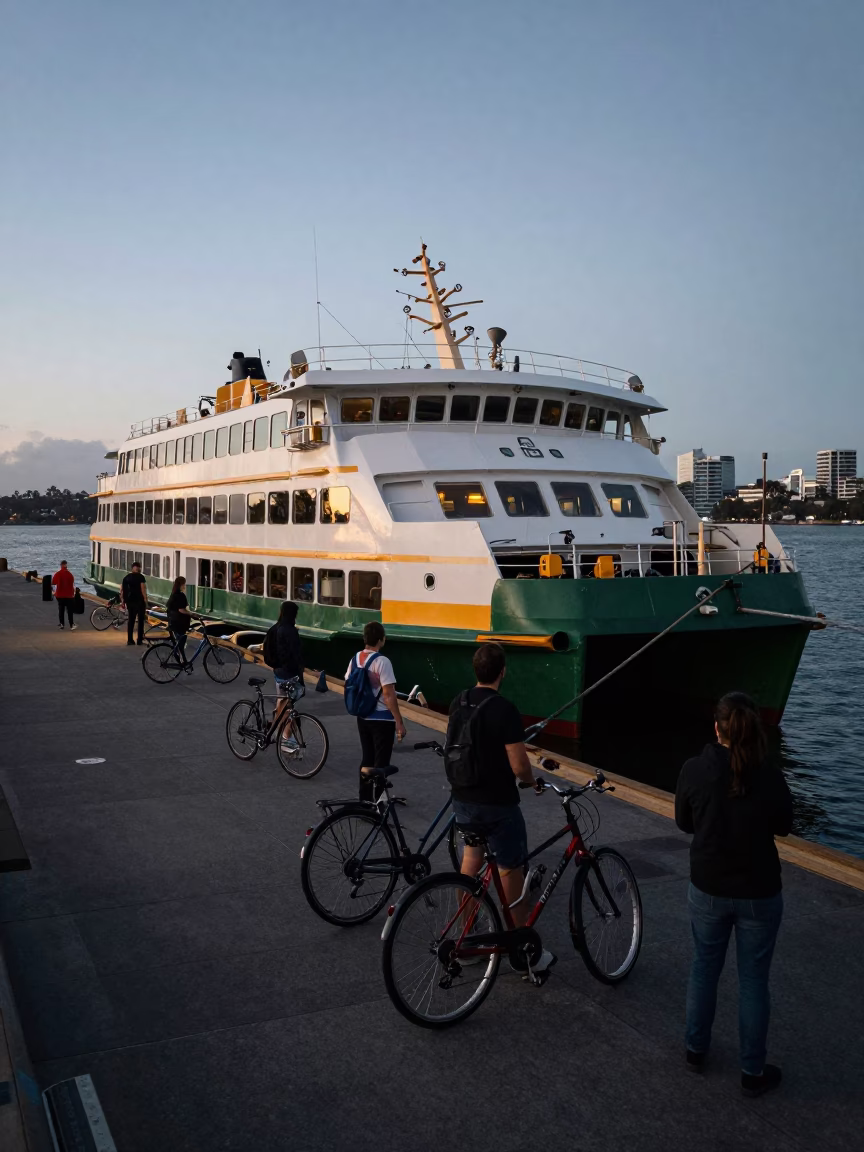 Predawn Ferry Loading Passengers and Bicycles at Melbourne Dock in Victoria Australia in in Melbourne, Victoria, Australia