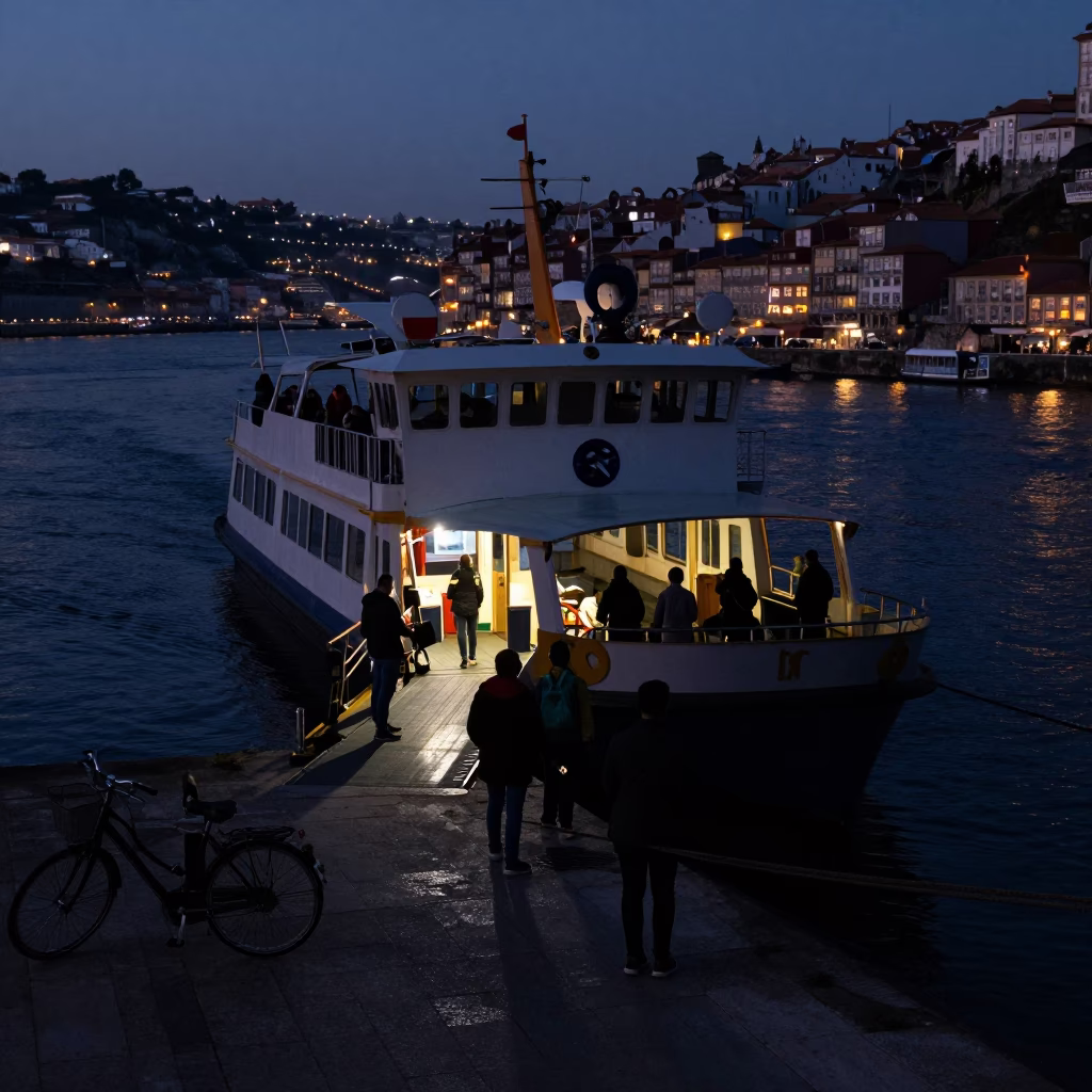 Predawn Ferry Loading Passengers and Bicycles at Porto Dock in in Porto, Portugal