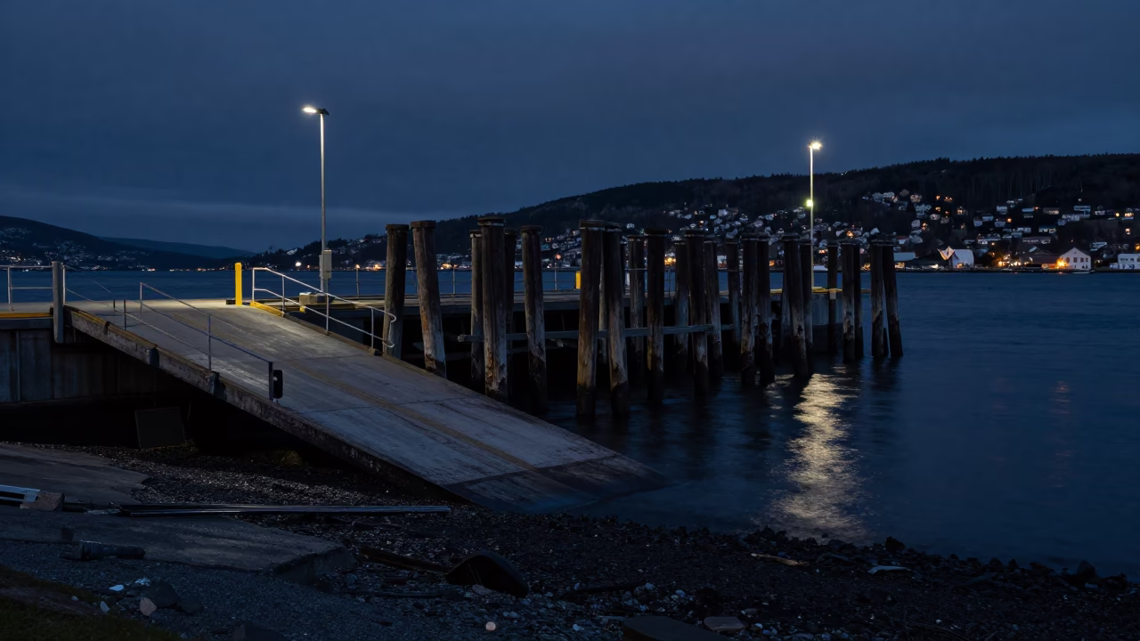 Predawn Ferry Ramp and Piling System at Low Tide in Bergen Norway in in Bergen, Norway