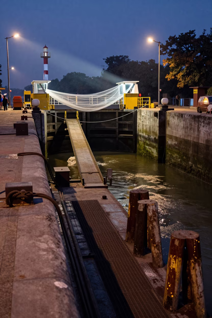 Predawn Ferry Ramp at Ghaziabad Canal Lock in at a canal lock chamber in Ghaziabad