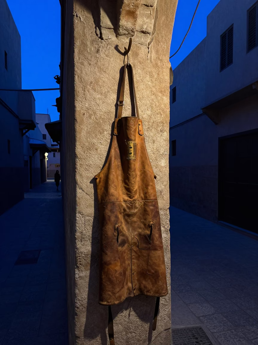 Predawn Fez Morocco Narrow Alleyway Leather Apron Hanging Blacksmith Shop Wall in in Fez, Morocco