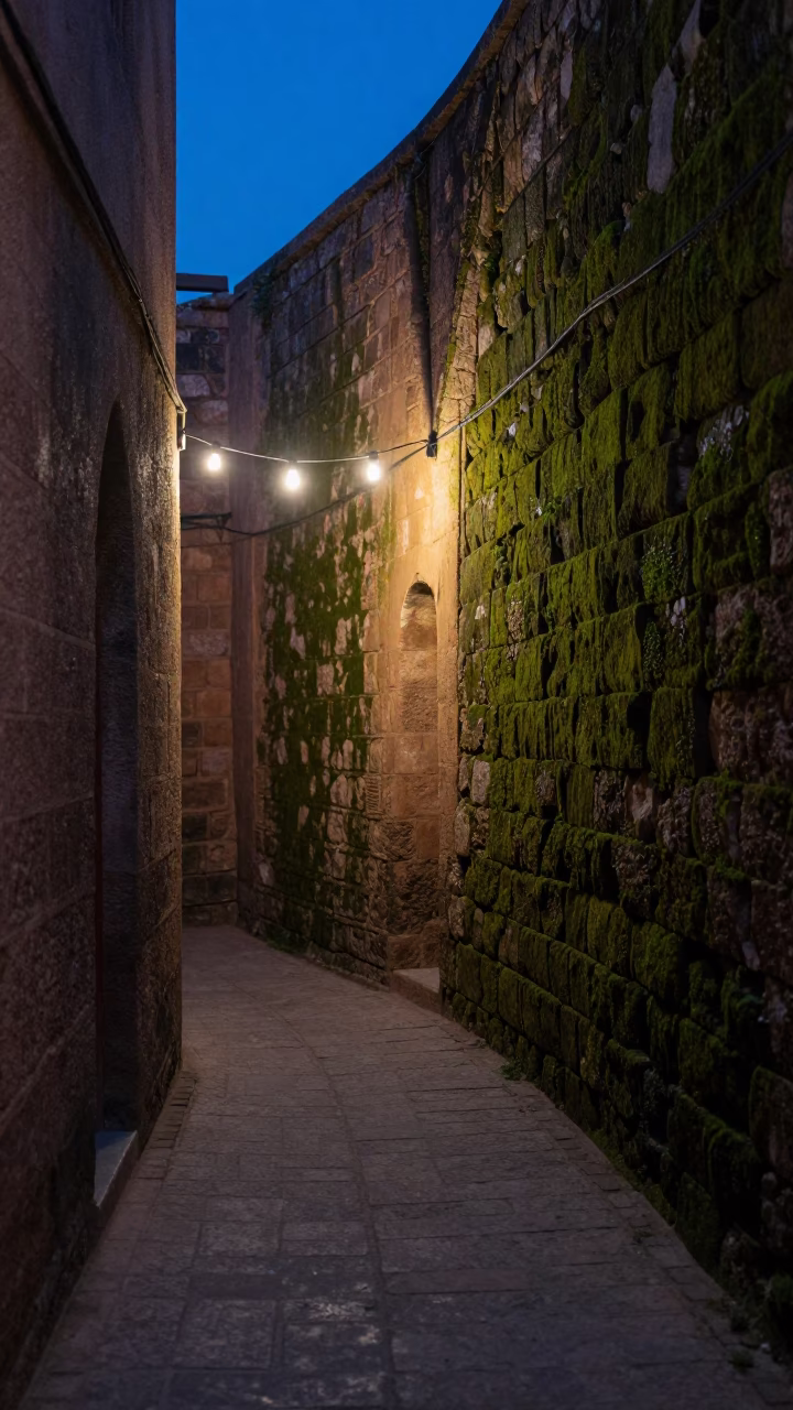 Predawn Fez Morocco Stone Alley Mossy Walls and Dim String Lights in in Fez, Morocco