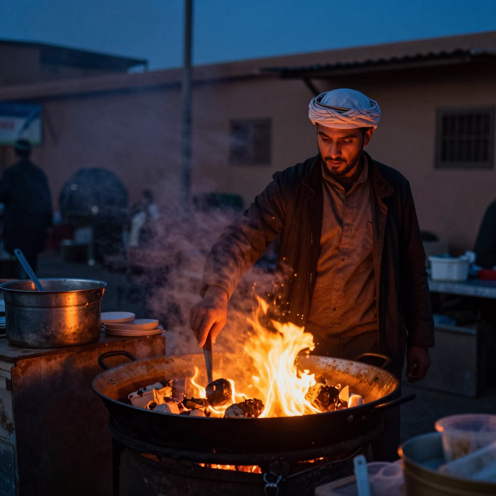 Predawn Fez Morocco Street Food Vendor Cooking with Open Flames and Traditional Tile Architecture in in Fez, Morocco