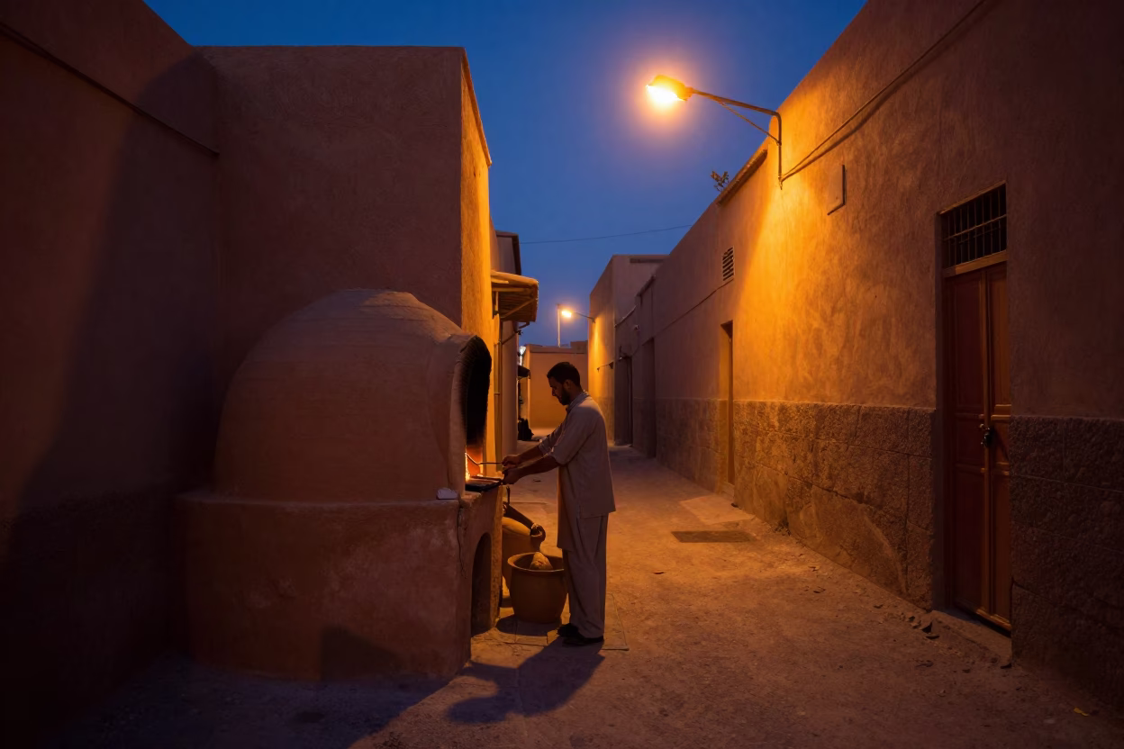 Predawn Fez Morocco Street Scene with Clay Oven and Traditional Architecture in in Fez, Morocco