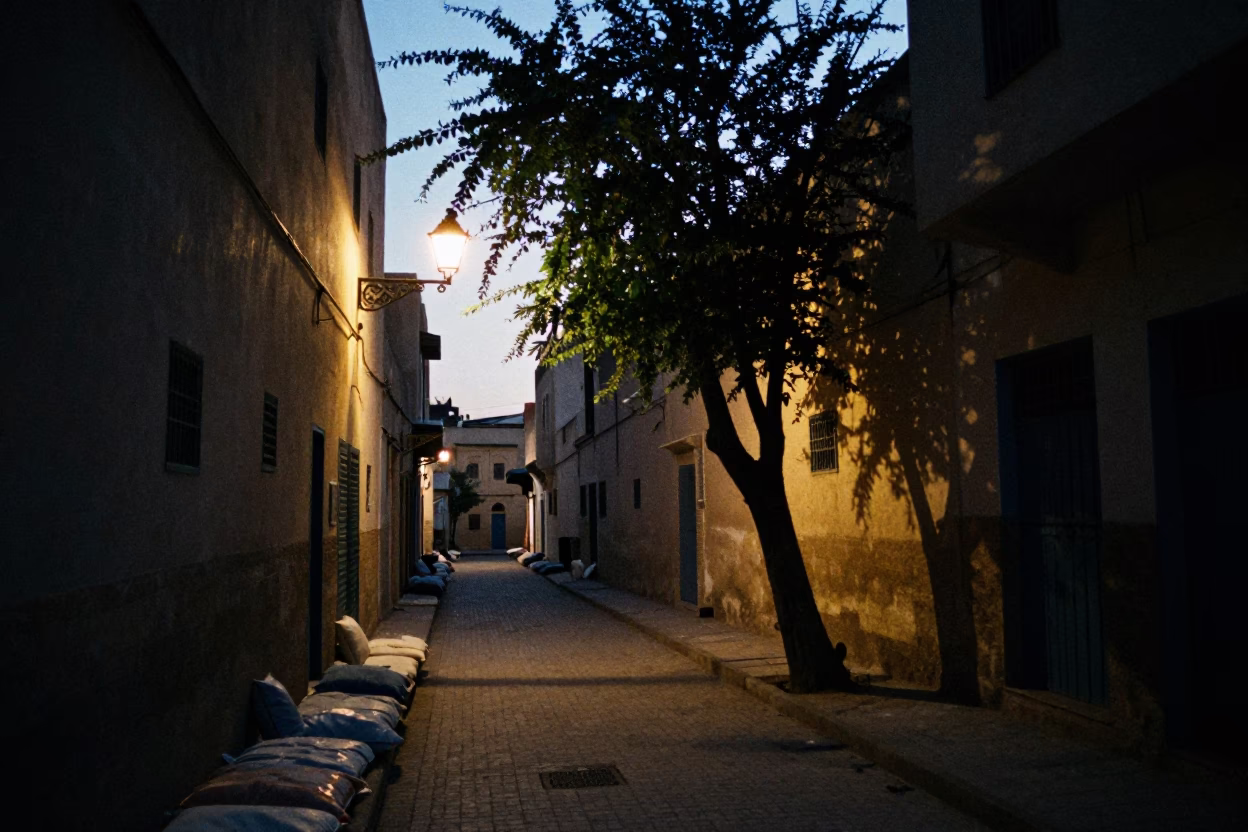 Predawn Fez Morocco street scene with cushions and tree in darkness in in Fez, Morocco