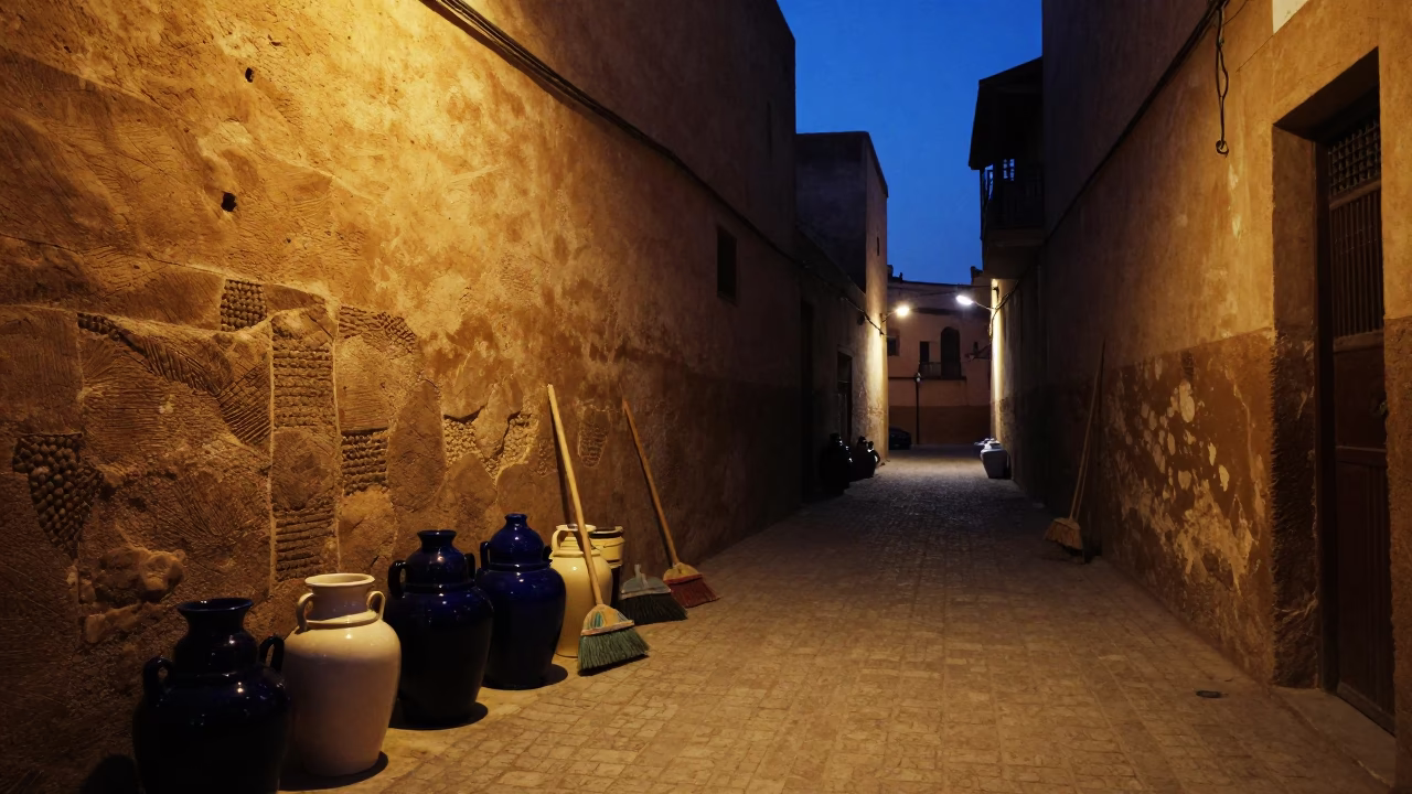 Predawn Fez Morocco Street Scene with Glazed Ceramic and Brooms in in Fez, Morocco