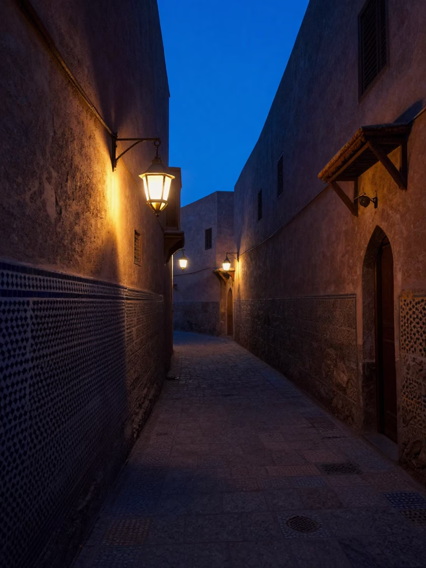 Predawn Fez Morocco Street Scene with Lantern Light and Rusty Drain Detail in in Fez, Morocco