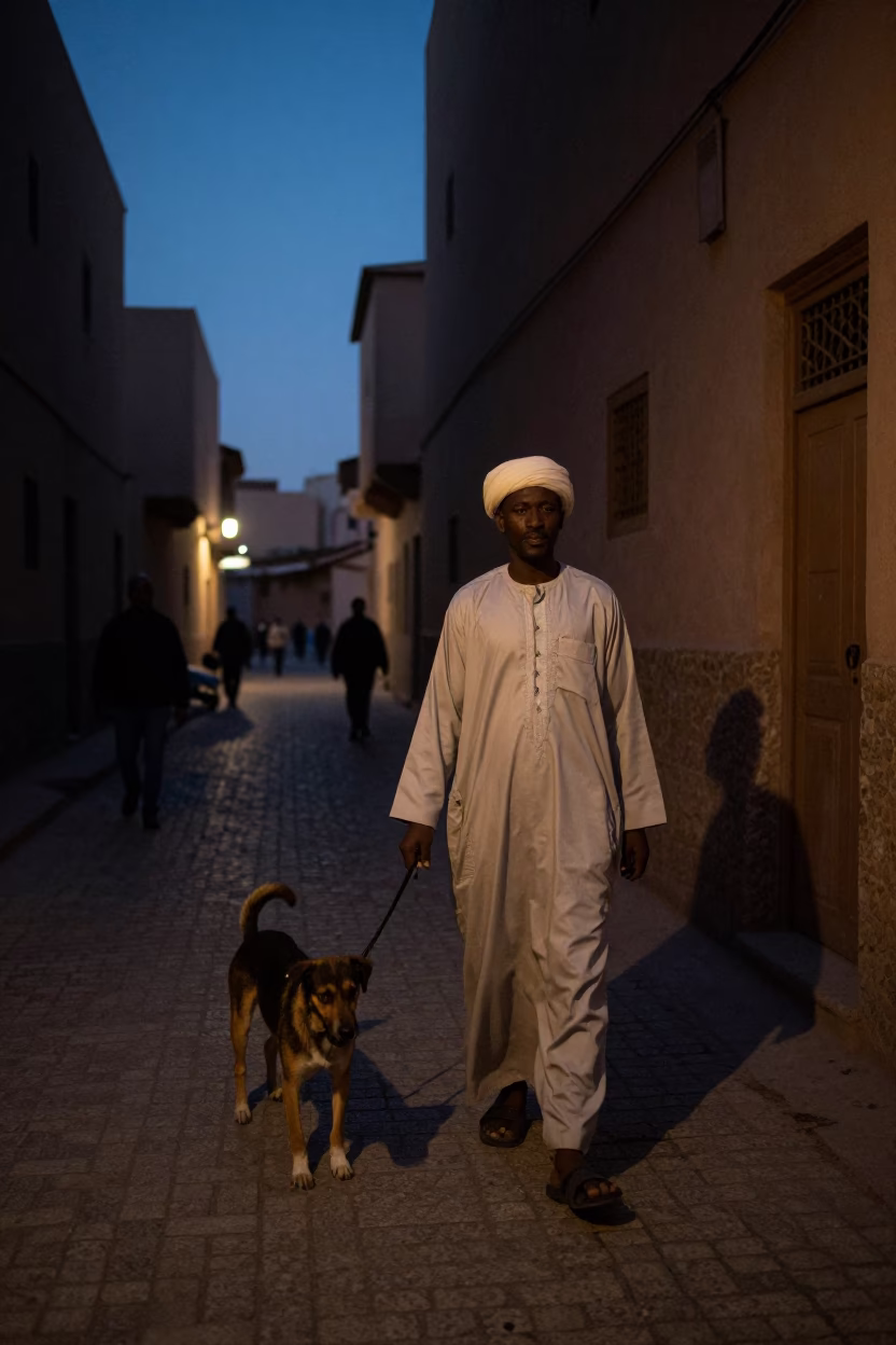 Predawn Fez Morocco Street Scene with Local Man and Dog in in Fez, Morocco