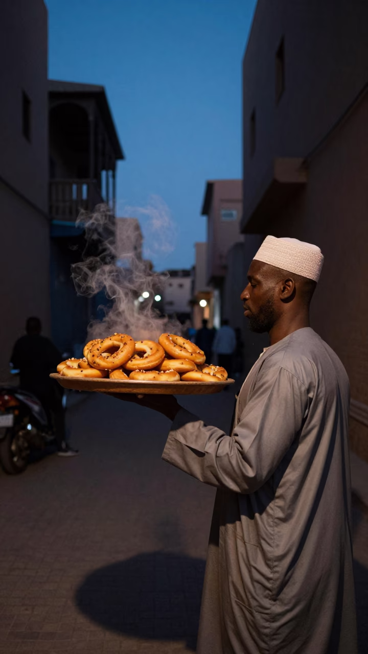 Predawn Fez Morocco Street Scene with Mandazi Tray and Traditional Textiles in in Fez, Morocco