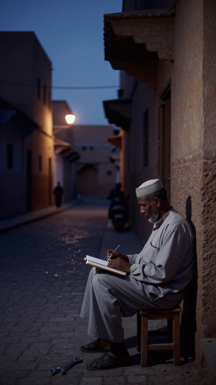 Predawn Fez Morocco Street Scene with Notebook and Wrench in Dark Alley in in Fez, Morocco