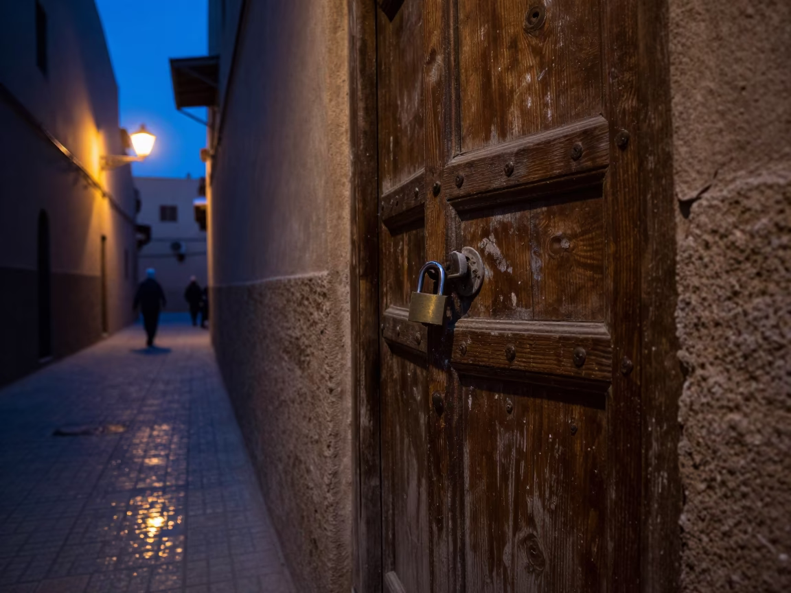 Predawn Fez Morocco Street Scene with Padlock on Wooden Door in in Fez, Morocco