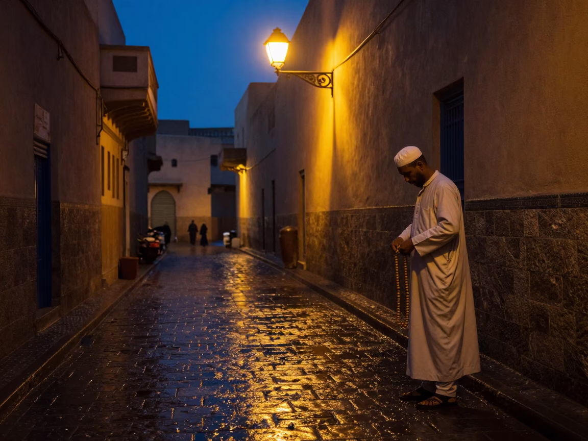 Predawn Fez Morocco street scene with prayer beads and quiet morning light in in Fez, Morocco