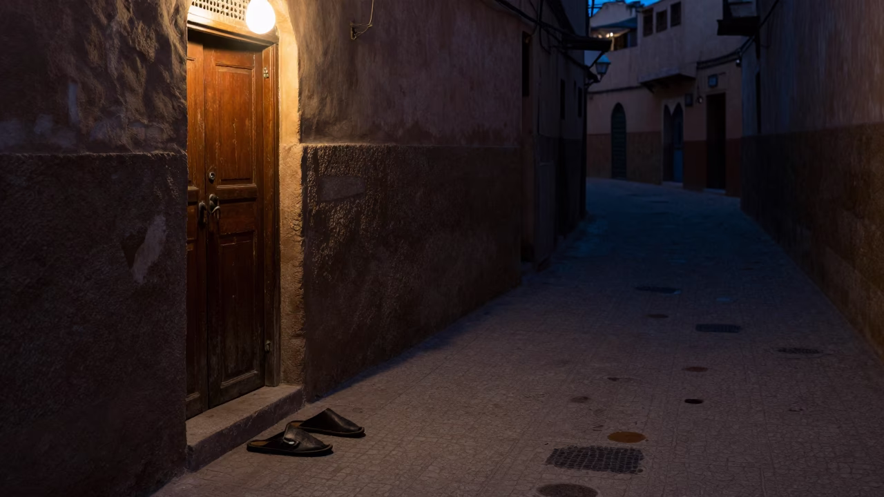 Predawn Fez Morocco Street Scene with Slippers and Tea Stains in in Fez, Morocco