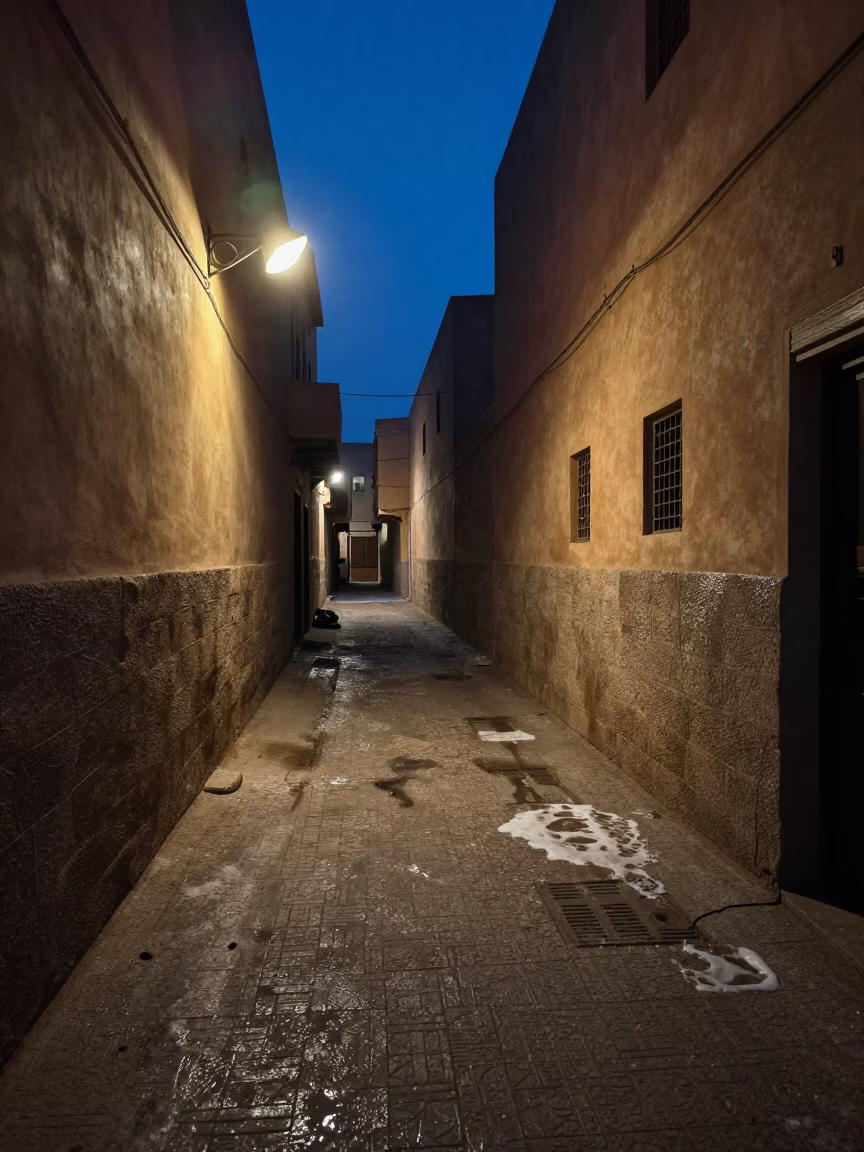 Predawn Fez Morocco Street Scene with Soap Residue and Local Morning Activity in in Fez, Morocco