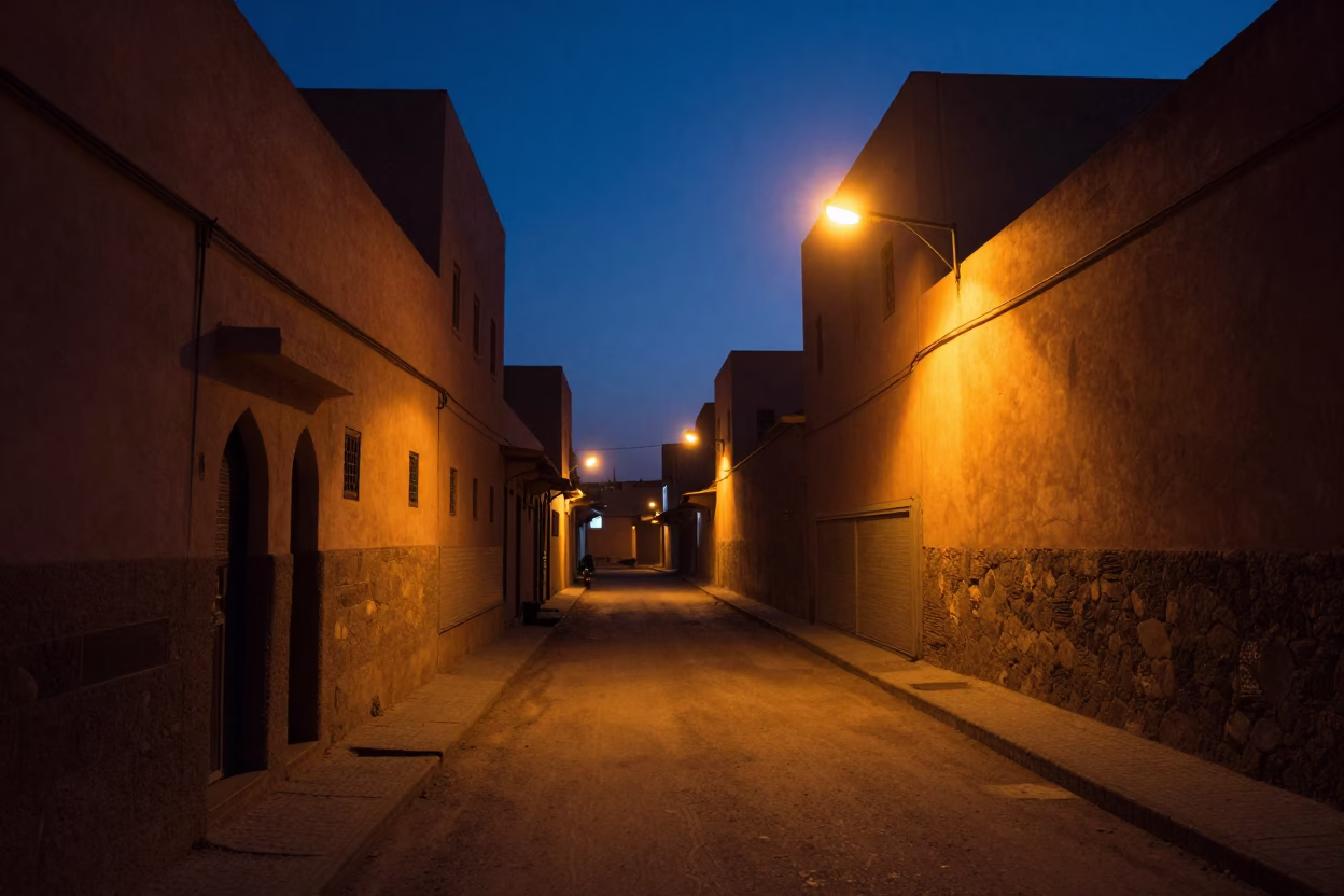 Predawn Fez Morocco Street Scene with Sodium Lamps and Traditional Architecture in in Fez, Morocco