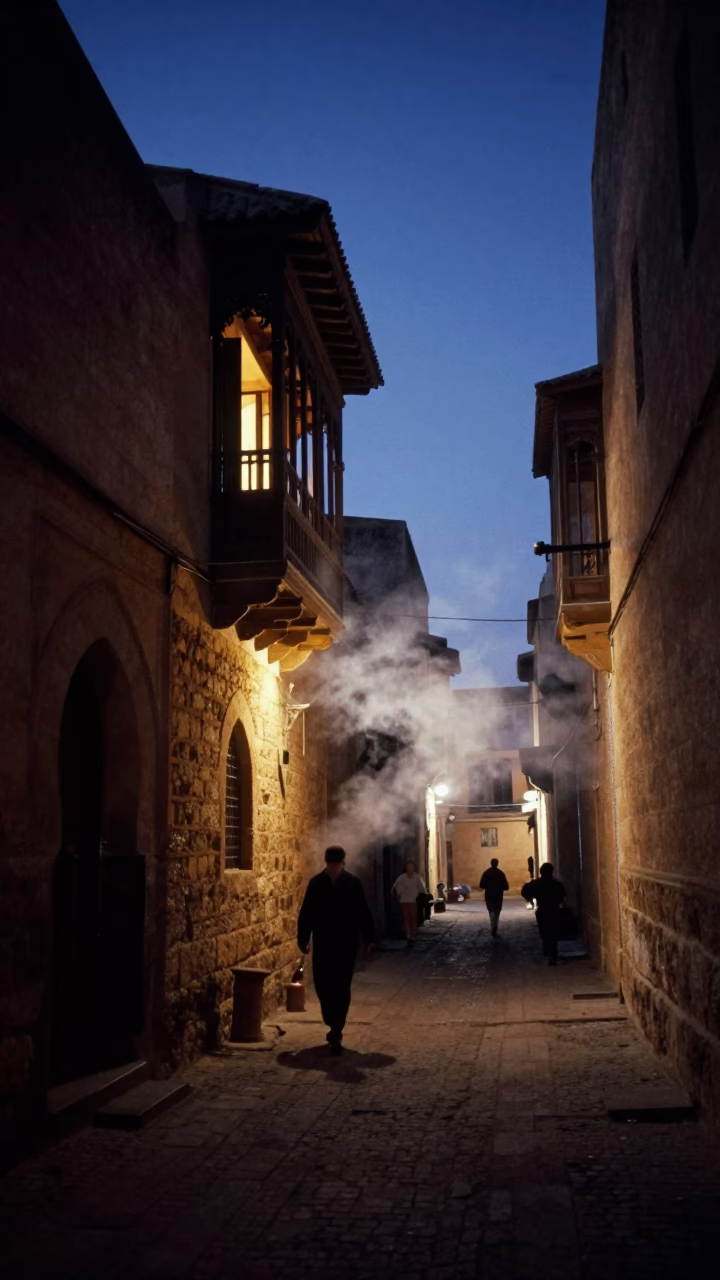 Predawn Fez Morocco Street Scene with Steam and Traditional Architecture in in Fez, Morocco