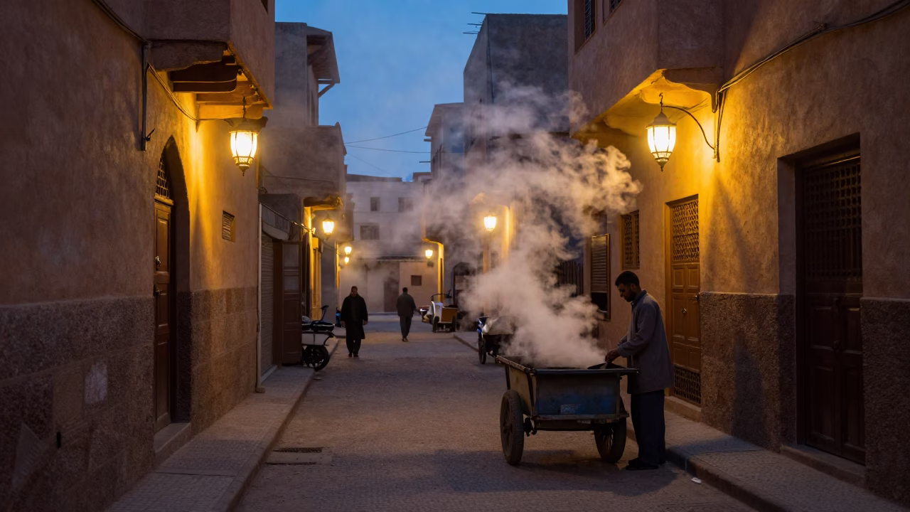 Predawn Fez Morocco Street Scene with Steam and Traditional Life in in Fez, Morocco