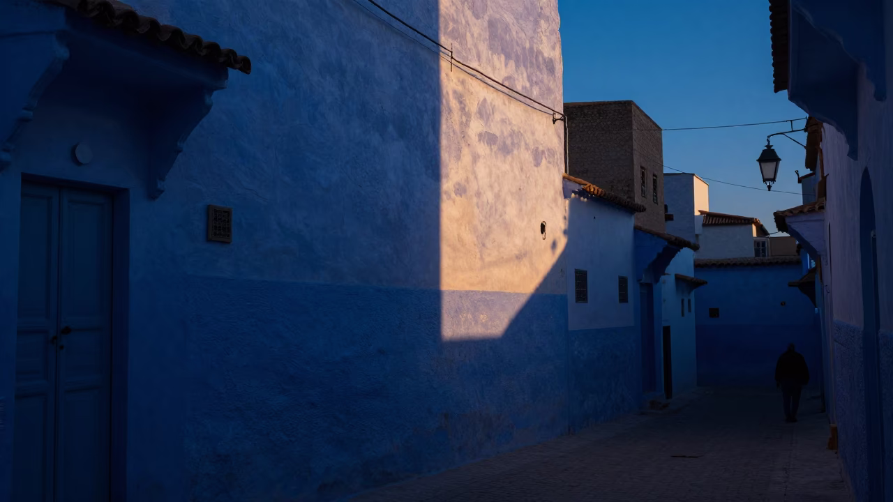 Predawn Fez Morocco Street Scene with Sun Stripe on Plaster Wall in in Fez, Morocco