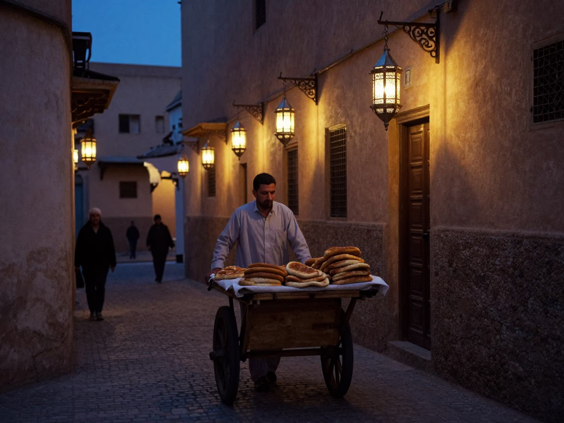 Predawn Fez Morocco street scene with traditional lanterns and early morning market activity in in Fez, Morocco
