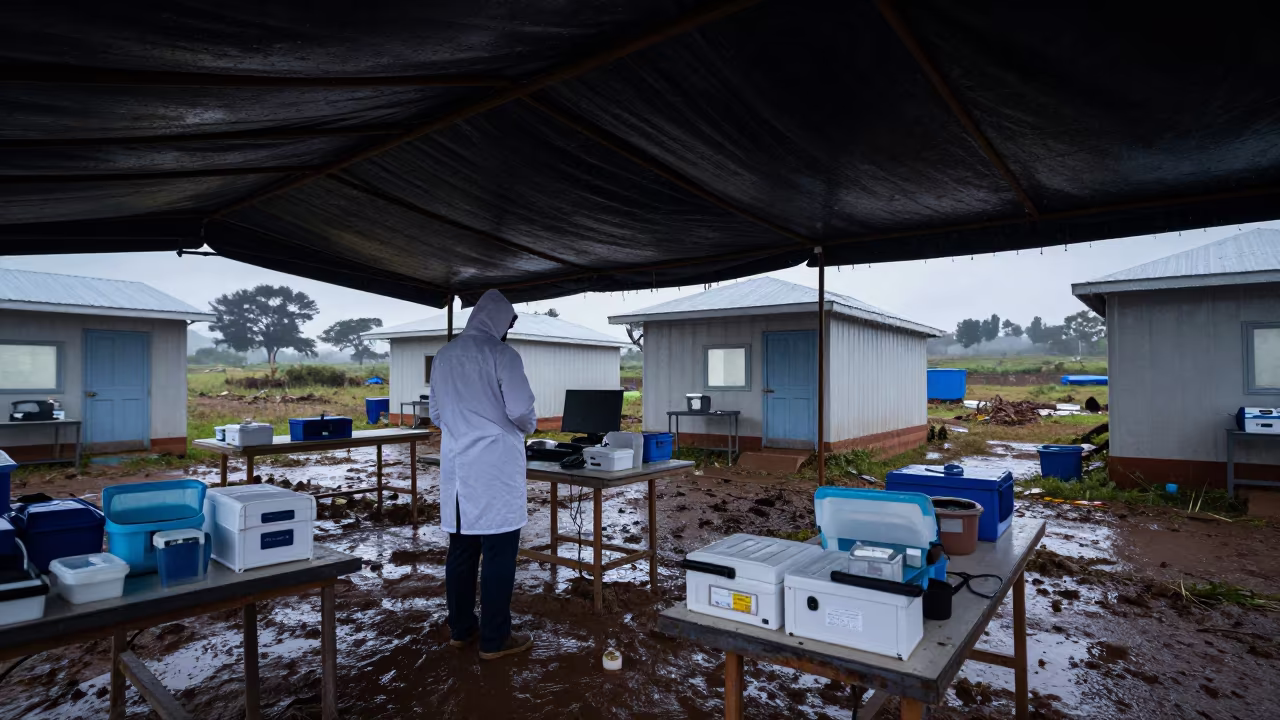 Predawn Field Hospital Doctor in Rain in beneath a field clinic canopy in Ruhengeri