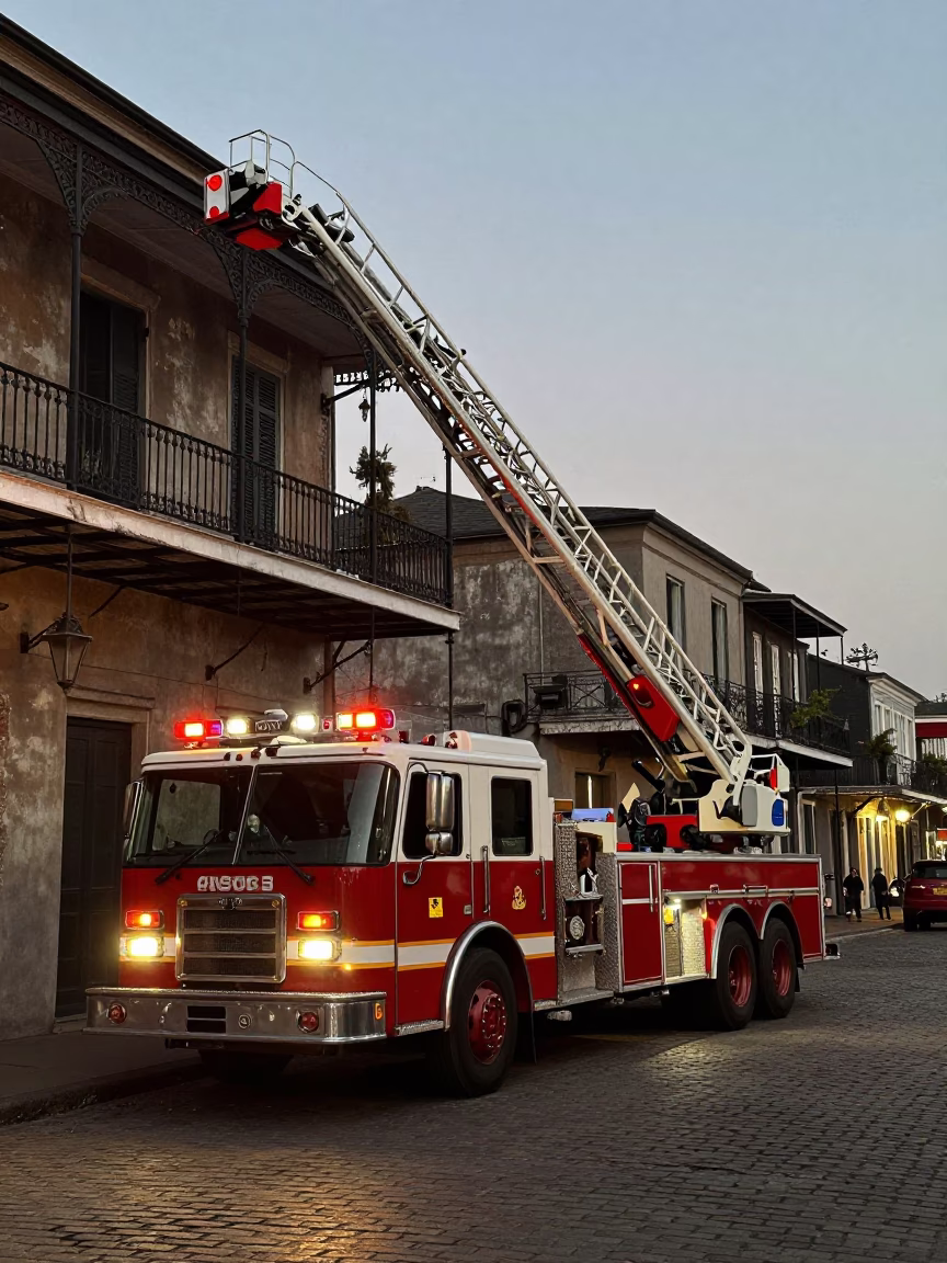 Predawn Fire Emergency in New Orleans with Extended Ladder Truck and Historic Architecture in in New Orleans, Louisiana, United States