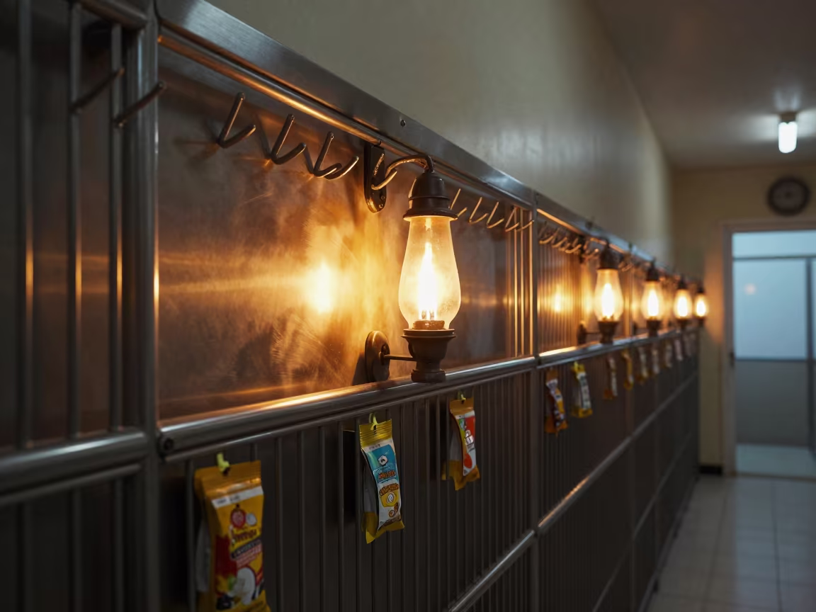 Predawn Firelight Kennel Treat Rail in in a boarding kennel corridor near Shiraz